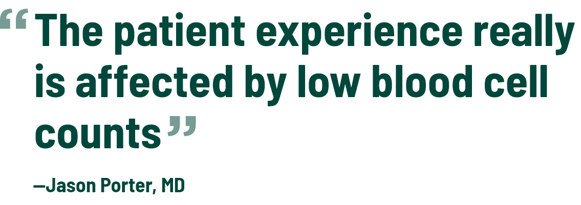 Jason Porter quote "the patient experience really is affect by low blood cell counts"